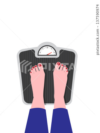 Feet standing on a bathroom weight scale measuring body weight stock illustration. 137590974