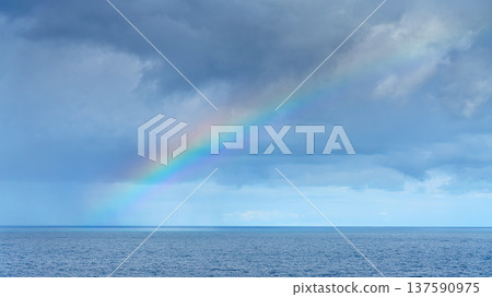 Sakata, Yamagata, Japan - Oct 5 2024, panoramic aerial view of the sea, a rainbow is visible among the clouds, at daytime, Sakata, Japan Sakata, Yamagata, Japan - Oct 5 2024, panoramic aerial view of the sea, a rainbow is visible among the clouds, at daytime, Sakata, Japan 137590975