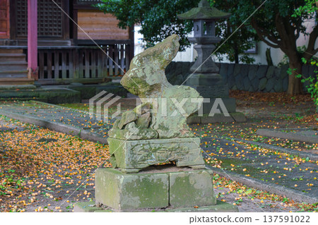 Sakata, Yamagata, japan - Oct 5 2024, close-up view of a dilapidated stone statue of a mythical creature in the temple grounds, without people, at daytime, Sakata, Japan Sakata, Yamagata, japan - Oct 5 2024, close-up view of a dilapidated stone statue of a mythical creature in the temple grounds, without people, at daytime, Sakata, Japan 137591022