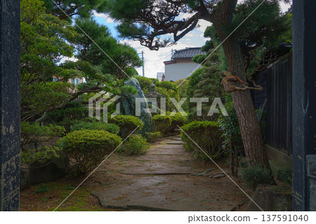 Sakata, Yamagata, japan - Oct 5 2024, a panoramic view of a Japanese garden on the grounds of a temple or shrine, without people, at daytime, Sakata, Japan Sakata, Yamagata, japan - Oct 5 2024, a panoramic view of a Japanese garden on the grounds of a temple or shrine, without people, at daytime, Sakata, Japan 137591040