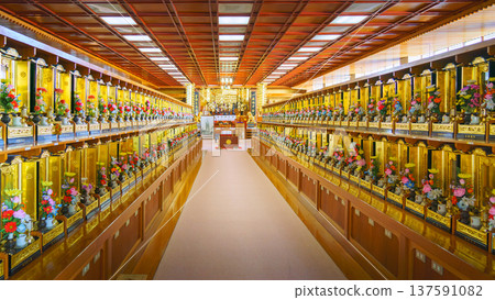 Sakata, Yamagata, japan - Oct 5 2024,A panoramic view of a Buddhist columbarium with cells decorated with golden ornaments and offerings to dead, in Jichi-in temple, without people, Sakata, Japan Sakata, Yamagata, japan - Oct 5 2024,A panoramic view of a Buddhist columbarium with cells decorated with golden ornaments and offerings to dead, in Jichi-in temple, without people, Sakata, Japan 137591082