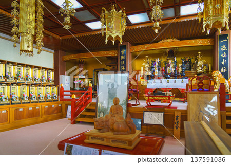 Sakata, Yamagata, japan - Oct 5 2024, A panoramic view of main sanctuary of Jichi-in Temple, decorated with various gilded chandeliers, statues, etc. , located in temple's columbarium, Sakata, Japan Sakata, Yamagata, japan - Oct 5 2024, A panoramic view of main sanctuary of Jichi-in Temple, decorated with various gilded chandeliers, statues, etc. , located in temple's columbarium, Sakata, Japan 137591086