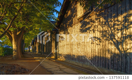 Sakata, Yamagata, japan - Oct 5 2024, Panoramic view of Sankyo Soko Storehouse with an alley of trees nearby, at sunset, without people, Sakata, Japan Sakata, Yamagata, japan - Oct 5 2024, Panoramic view of Sankyo Soko Storehouse with an alley of trees nearby, at sunset, without people, Sakata, Japan 137591118