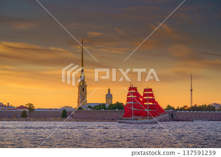 Saint Petersburg, Russia - June 01 2021, Panoramic view of sailing ship Russia with scarlet sails in Neva River, Peter and Paul Fortress in background, White night, St Petersburg, Russia Saint Petersburg, Russia - June 01 2021, Panoramic view of sailing ship Russia with scarlet sails in Neva River, Peter and Paul Fortress in background, White night, St Petersburg, Russia 137591239