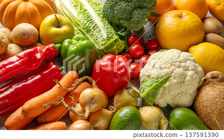 various fresh raw vegetables and fruits 137591390