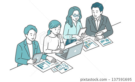 Illustration of a team discussing documents at a business meeting 137591695