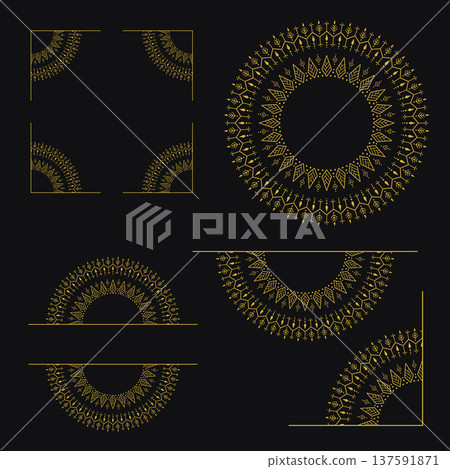 Gold mandala ornament decorative elements luxury floral line art set Dark background Black 137591871