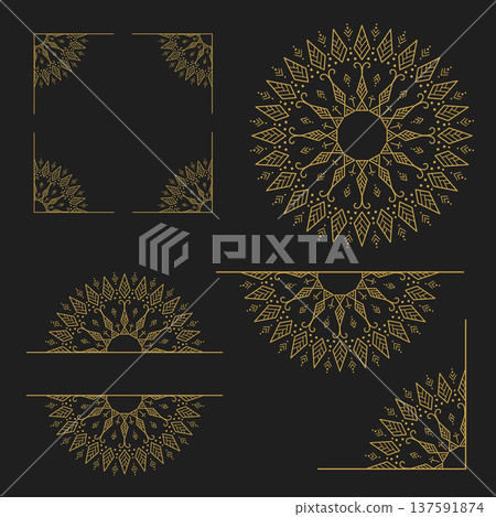 Gold mandala ornament decorative elements luxury floral line art set Dark background Black Gold mandala ornament decorative elements luxury floral line art set Dark background Black 137591874