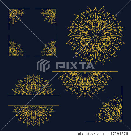Gold mandala ornament decorative elements luxury floral line art set Dark background Black Gold mandala ornament decorative elements luxury floral line art set Dark background Black 137591876