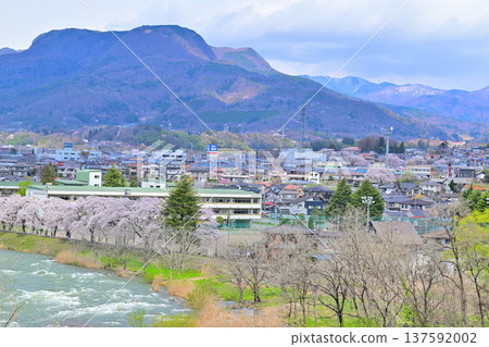 Tone River swollen with melting snow water, cherry blossom trees lined Mount Mitake, Numata City, Gunma Prefecture Tone River swollen with melting snow water, cherry blossom trees lined Mount Mitake, Numata City, Gunma Prefecture 137592002