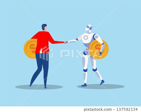robot trading bot holding golden currency coin with businessman investor. investment growth Fintech artificial intelligence finance concept 137592134
