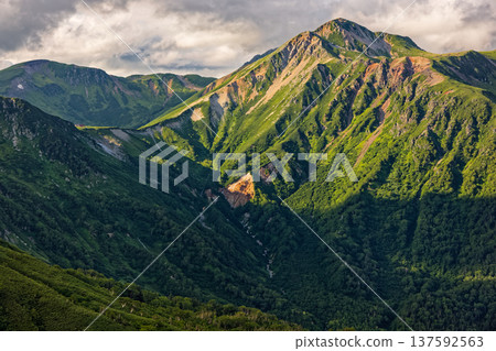 從北阿爾卑斯山脈的茂澤山眺望鷲羽山和總武山的傍晚景色 137592563