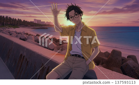Illustration of a young man wearing glasses waving on the beach at sunset. Image of summer travel. 137593113