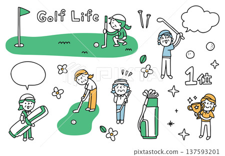 Illustration set of elderly women enjoying golf Illustration set of elderly women enjoying golf 137593201