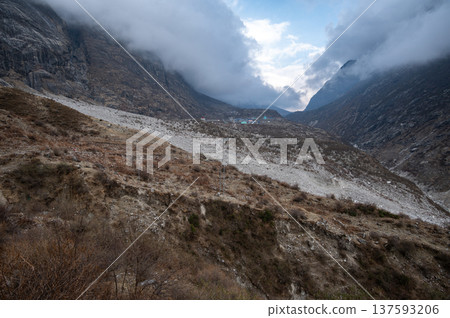 Landslide area covering an old Langtang village. The 2015 earthquake triggered a catastrophic avalanche and landslide that submerged the village under a great plume of ice and rock. 137593206