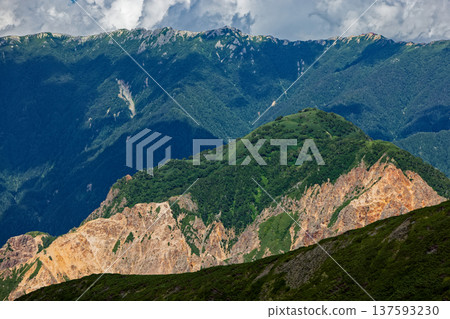 從北阿爾卑斯山脈的茂澤山眺望伊娥山和鶴岳。 從北阿爾卑斯山脈的茂澤山眺望伊娥山和鶴岳。 137593230