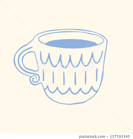 Elegant decorative ceramic coffee mug with ornamental handle. Hand drawn blue line vector in Mediterranean style. Minimal cozy drink icon for cafe menu, kitchen decor, branding and packaging design 137593345