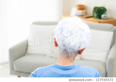 Rear view of a senior woman sitting in a wheelchair 137593572