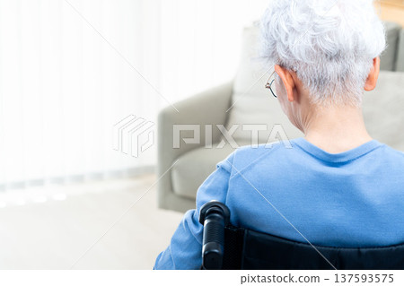 Rear view of a senior woman sitting in a wheelchair 137593575