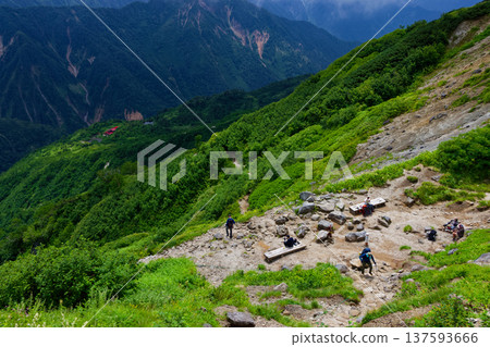 Climbers at Yumori-no-Koshi in the Northern Alps and the view of Kagami-daira Climbers at Yumori-no-Koshi in the Northern Alps and the view of Kagami-daira 137593666