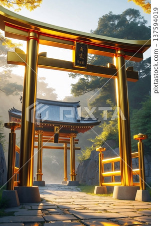 金色鳥居和神社庭院的晨光 137594019