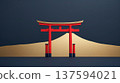金色背景上的紅色鳥居與富士山剪影 137594021