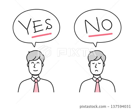一組手繪插圖，描繪了一位留著鬍子的年輕商人說“是”和“否”。 137594031