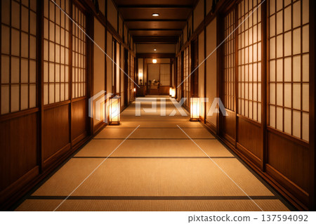 日式傳統旅館的走廊，沐浴在日式燈光中。 137594092
