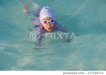 preschool child girl playing and swimming in pool 137594133