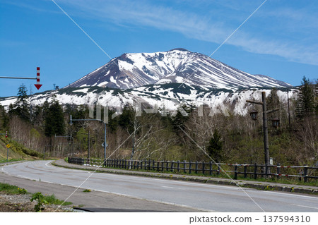Early summer blue sky and remaining snow on the summit of Mt. Asahidake Early summer blue sky and remaining snow on the summit of Mt. Asahidake 137594310