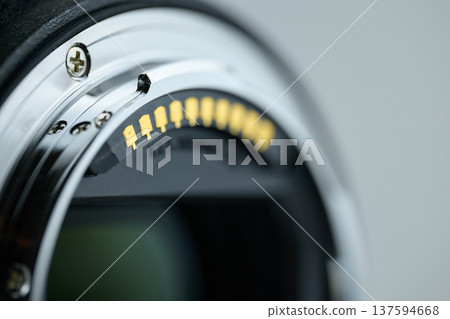 Extreme close-up of gold-plated pins on a DSLR or mirrorless camera lens mount interface 137594668