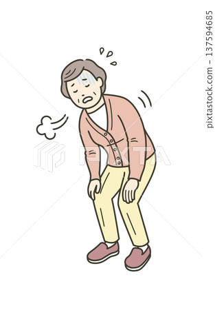 An elderly woman who is out of breath and taking a deep breath 137594685