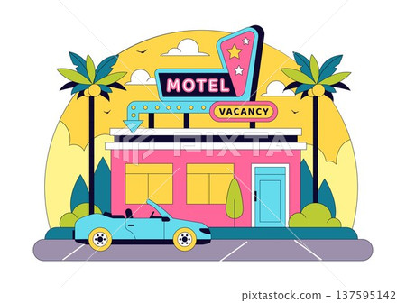 Retro Roadside Motel Illustration With Neon Sign, Palm Trees, Vintage Cars, Colorful Summer Travel Accommodation, American Highway Lodging Scene Retro Roadside Motel Illustration With Neon Sign, Palm Trees, Vintage Cars, Colorful Summer Travel Accommodation, American Highway Lodging Scene 137595142