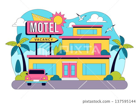 Retro Roadside Motel Illustration With Neon Sign, Palm Trees, Vintage Cars, Colorful Summer Travel Accommodation, American Highway Lodging Scene Retro Roadside Motel Illustration With Neon Sign, Palm Trees, Vintage Cars, Colorful Summer Travel Accommodation, American Highway Lodging Scene 137595144