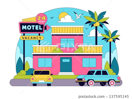 Retro Roadside Motel Illustration With Neon Sign, Palm Trees, Vintage Cars, Colorful Summer Travel Accommodation, American Highway Lodging Scene Retro Roadside Motel Illustration With Neon Sign, Palm Trees, Vintage Cars, Colorful Summer Travel Accommodation, American Highway Lodging Scene 137595145
