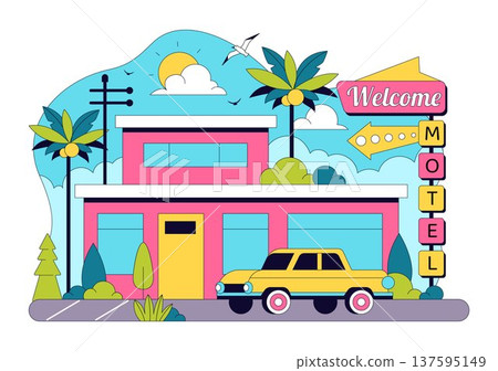 Retro Roadside Motel Illustration With Neon Sign, Palm Trees, Vintage Cars, Colorful Summer Travel Accommodation, American Highway Lodging Scene Retro Roadside Motel Illustration With Neon Sign, Palm Trees, Vintage Cars, Colorful Summer Travel Accommodation, American Highway Lodging Scene 137595149
