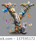 Flowers, butterflies and kitty entangled in the letter Y 137595172