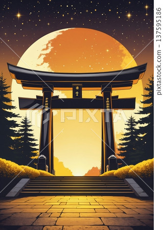 夜幕下的滿月與鳥居，神秘的日本背景素材，滿月夜中的鳥居 137595186