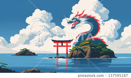 藍龍與大海和鳥居，雷雲鳥居景觀，夏季日式背景 137595187