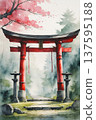 水彩鳥居與森林迷霧神社入口背景素材 水彩鳥居 137595188