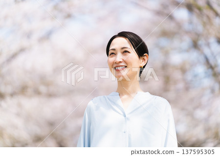 Young woman looking up at cherry blossoms Lifestyle image Young woman looking up at cherry blossoms Lifestyle image 137595305