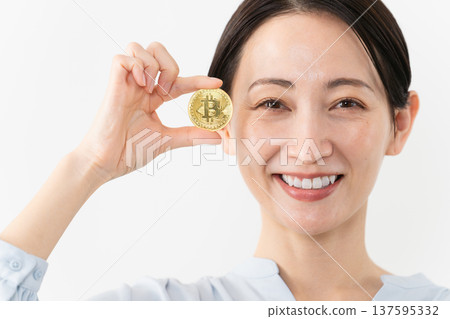 Woman holding Bitcoin Technology image Woman holding Bitcoin Technology image 137595332