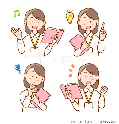 一套四幅插圖，描繪了一位女教師手持教科書的場景 | 學校和教育用品 137595389