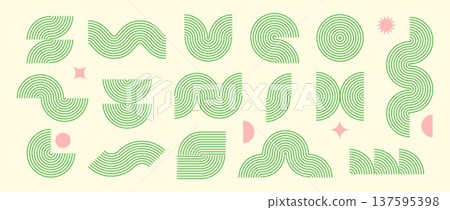 Green boho line element collection. Bohemian decorative wave and curve form set for badge, logo, card, poster, banner. Mid century geometric pink decor and zigzag objects. Vector wavy arc shapes Green boho line element collection. Bohemian decorative wave and curve form set for badge, logo, card, poster, banner. Mid century geometric pink decor and zigzag objects. Vector wavy arc shapes 137595398
