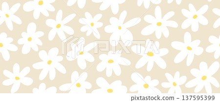 White flower seamless pattern on beige background. Cute hand drawn floral repeated wallpaper. Romantic blossom motif for textile print, fabric swatch, dress ornament, wrapping paper. Vector White flower seamless pattern on beige background. Cute hand drawn floral repeated wallpaper. Romantic blossom motif for textile print, fabric swatch, dress ornament, wrapping paper. Vector 137595399