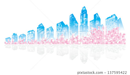 一幅描繪春日小鎮景色的插圖，櫻花盛開。 137595422