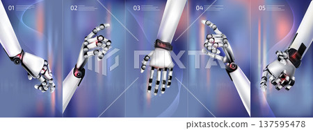 Variation of robot hands on a beautiful purple background Variation of robot hands on a beautiful purple background 137595478