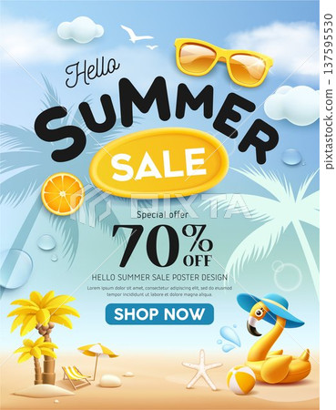 Summer sale poster holiday, yellow flamingo inflatable, coconut tree design 137595530