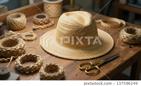 A straw hat on a table with additional items, symbolizing National Straw Hat Month during April A straw hat on a table with additional items, symbolizing National Straw Hat Month during April 137596149