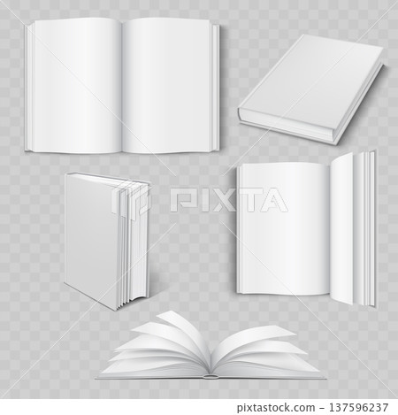 Realistic White Hardcover Book Mockup Set. Vector Blank Open, Closed and Standing Templates with Turning Pages. Realistic White Hardcover Book Mockup Set. Vector Blank Open, Closed and Standing Templates with Turning Pages. 137596237